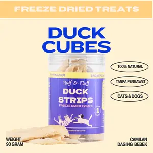 Ruff and Fluff Duck Strips Freeze Dried untuk Kucing dan Anjing - Camilan Daging Bebek 100% Natural Tanpa Pengawet