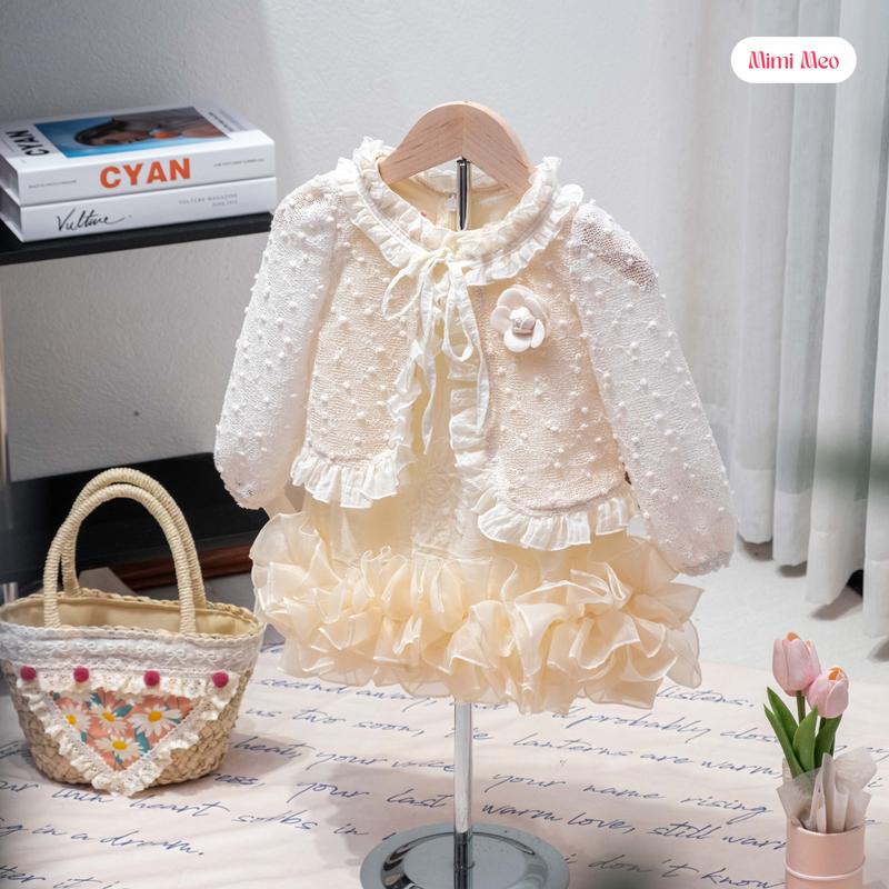 Mimi Meo Set Váy + Áo khoác Bé gái 9-34kg - Đầm dáng xoè vải đũi hoa thêu kem - Áo khoác ren lửng sành điệu