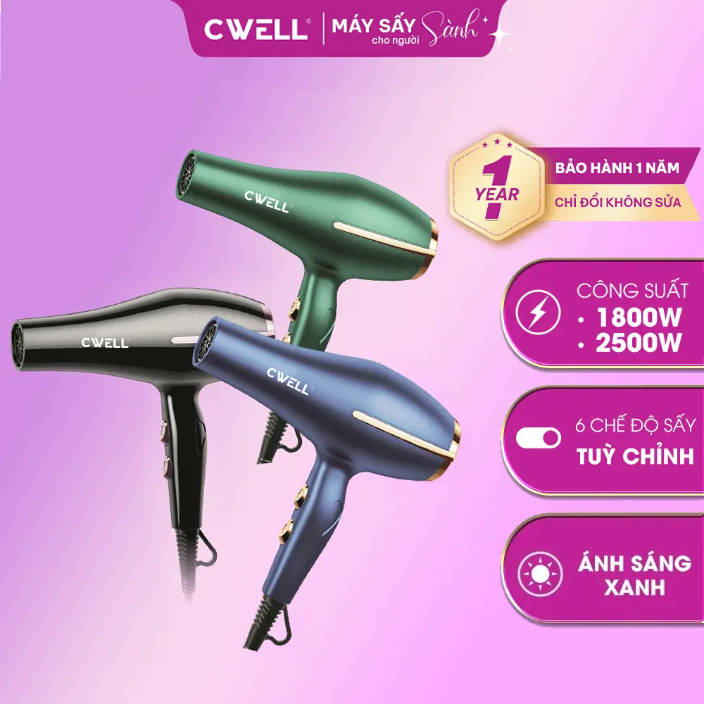 Máy sấy tóc CWell công suất lớn 1800W-2500W, thiết kế 6 chế độ sấy KÉP, ánh sáng xanh giảm khô xơ tóc, dùng tại nhà và cho Salon tóc cho nam & nữ - C03HD Women - BH 12 THÁNG
