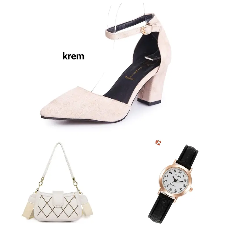 Paket bundling 3set heels Vico + tas Lauren + jam tangan wanita 2