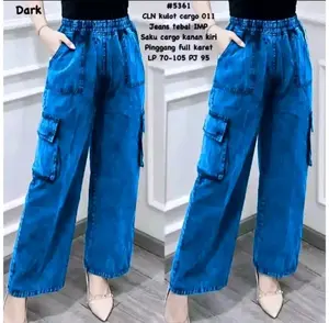 TURUN HARGA !!! CELANA KULOT CARGO PANJANG JEANS WANITA FULL PINGGANG KARET HIGH WAIST