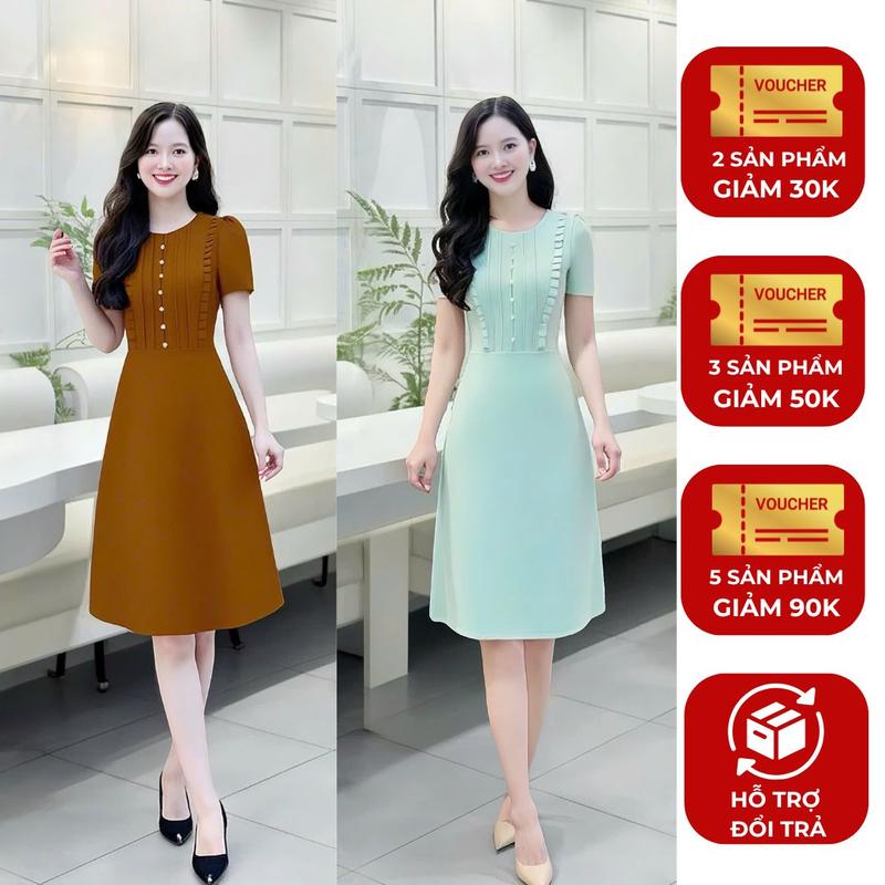 Đầm Nữ thiết kế Nhật Vy tay ngắn cổ tròn viền bèo phối xếp ly ngực đính cúc chất lụa phù hợp đi chơi 3 màu đỏ xanh đen - D2892 Women Dress Kem