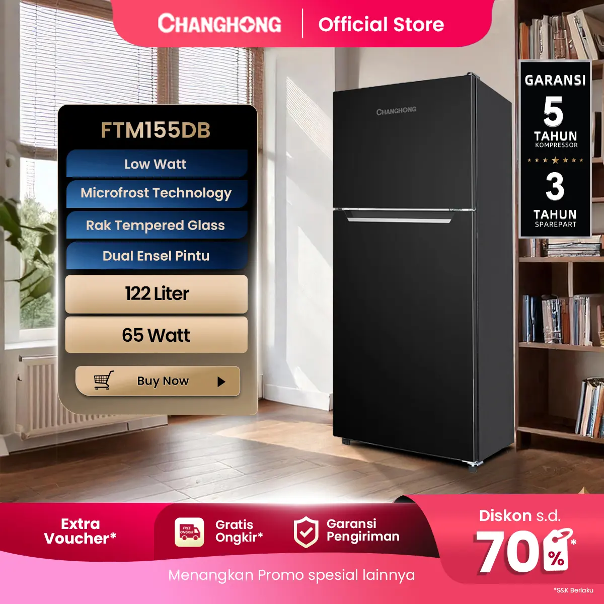 Changhong  Kulkas Lemari Es 2 Pintu Refrigerator Kapasitas 122 Liter Pendingin Minuman - FTM155DB Black gap 45