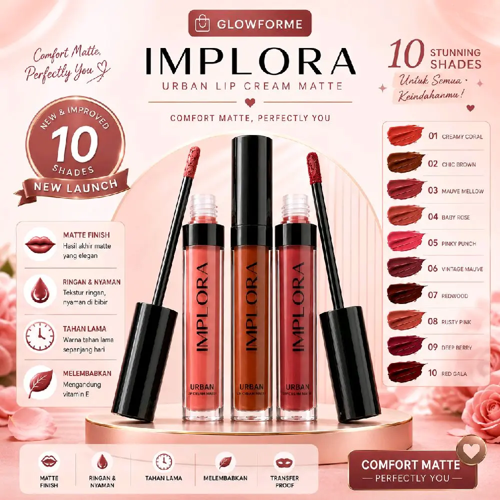 Implora Urban Lip Cream Matte Lipstick 12 Warna Gloss Matte Finish Tahan Lama Melembabkan Bibir Waterproof