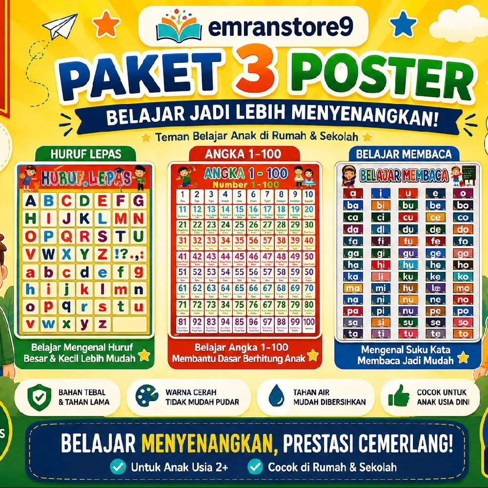Paket 3 Poster Edukasi Anak 2+ | Huruf Lepas + Belajar Membaca + Angka 1-100 | Poster Belajar TK PAUD Tahan Air | Emranstore9