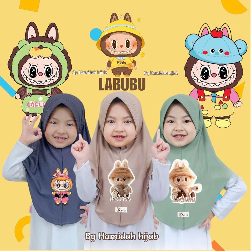 Hijab Anak Labubu Jersey Premium Hijab Karakter Kerudung Instan Anak Umur 2-15 Tahun Muslim Terbaru Terlaris Nyaman Halus Jersey Premium Sekolah 0