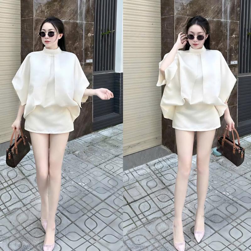 [HÀNG CÓ SẴN] K43  -  Set Tacta Áo Dáng Xuông Dài Phối Chân Váy Tacta Ngắn Màu Trắng Phong Cách Thời Trang