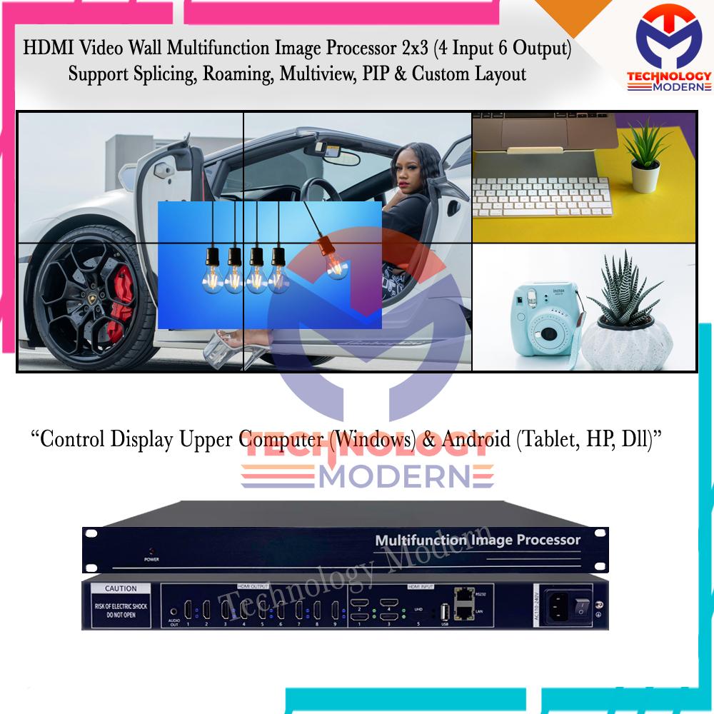 HDMI Video Wall Controller 2x3 3x2 (4 Input 6 Output) Seamless Switching with Custom Layout Support Control Upper Computer & Android (Tablet & HP) Black