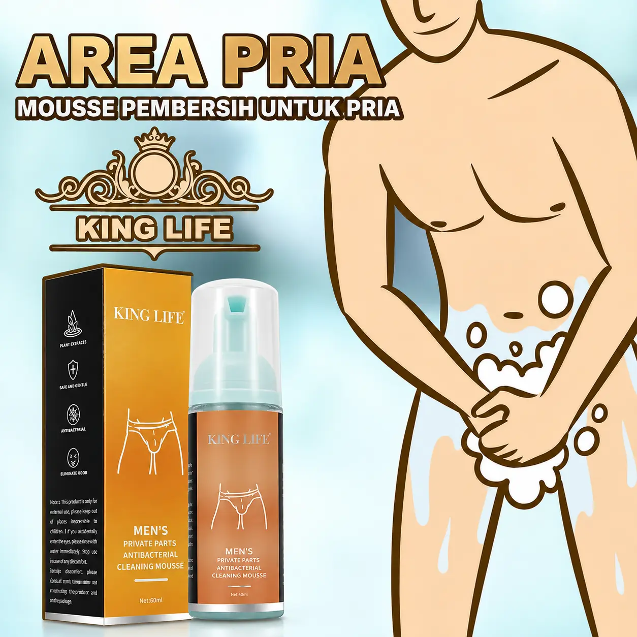 KING LIFE Mousse Pembersih Area Intim Pria 60 ml Formula Asam Lemah Berbahan Tumbuhan Antibakteri 99,9% Menghilangkan Bau Meredakan Gatal Menjaga Kesegaran Tahan Lama - Kotoran, Kering