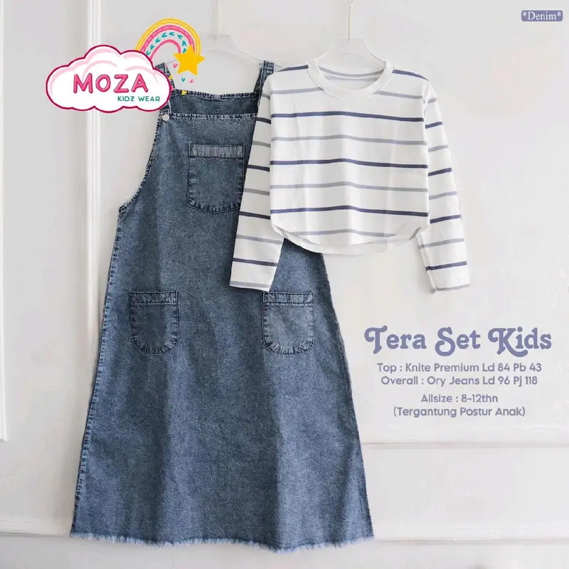 Tera set setelan inner rajut salur overall gamis jeans anak remaja 10-14 tahun 0