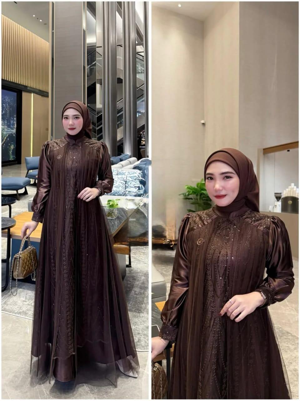 Herin Dress Lebaran Terbaru 2026 Bahan Velvet Mix Brukat Plus Tille Gamis Wanita Remaja Dewasa Mewah Elegant Zipper Belakang Tangan Kancing Wudhu Friendly