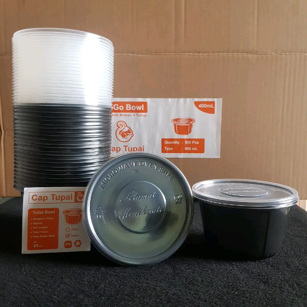 25pcs Thinwall 200ml / 400ml Round Cap tupai Hitam + Tutup / Kotak makan / Mangkok Plastik Hitam Tutup Putih