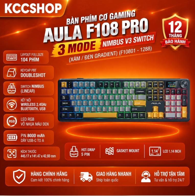 Bàn phím cơ gaming AULA F108 Pro 3 Mode Nimbus v3 switch (Xám / Đen gradient) (F10801 - 1288)