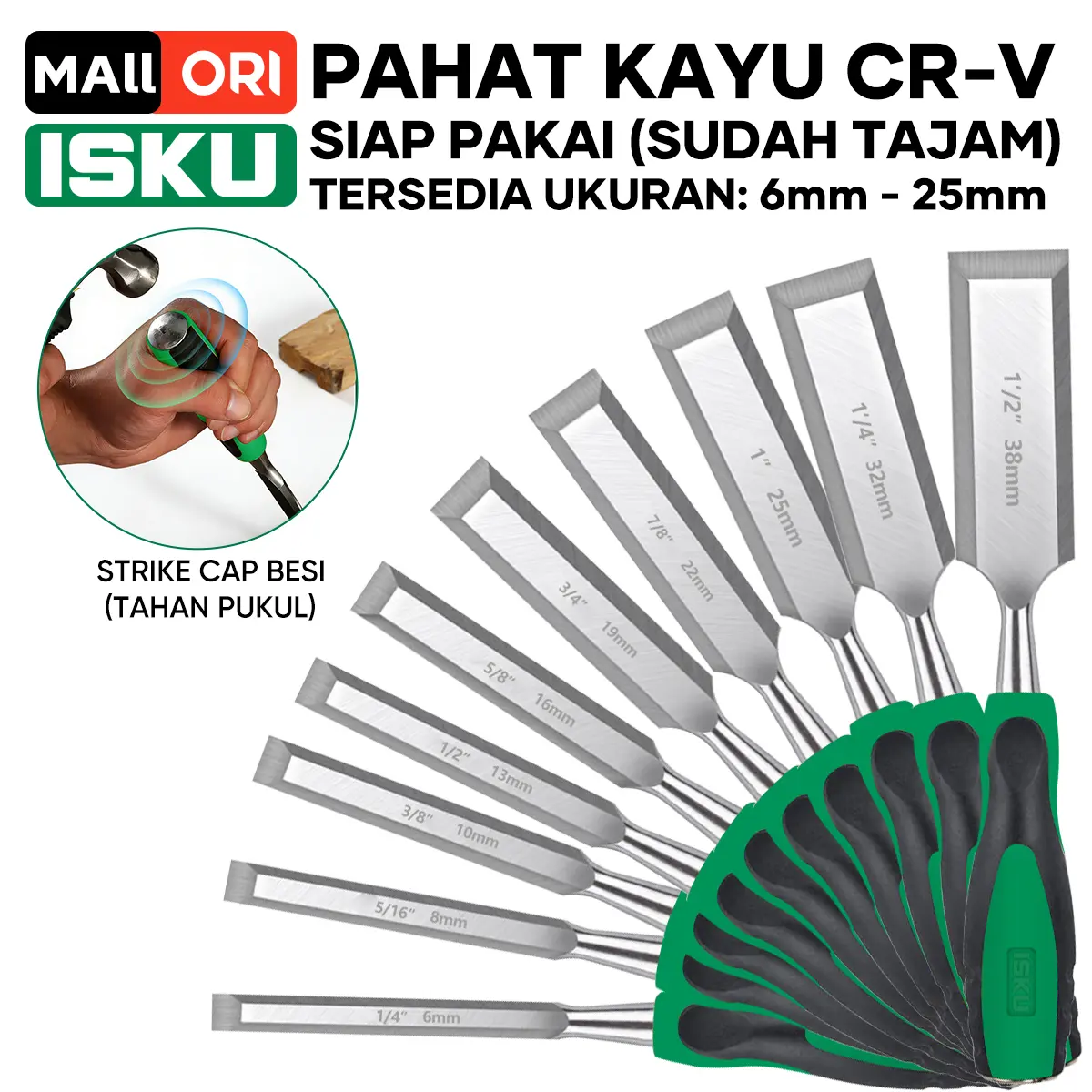 ISKU Pahat Kayu 1/4'' 3/8'' 1/2'' 5/8'' 3/4'' 1' Pahat Pemahat Kayu