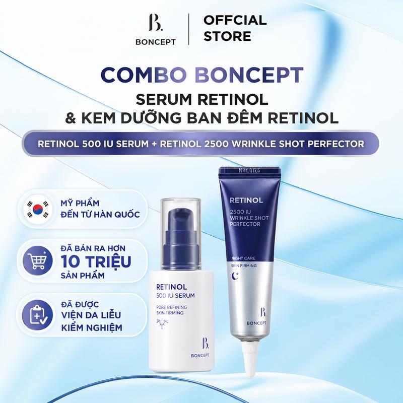 Combo Serum Retinol 30ml & Kem Dưỡng Ban Đêm Wrinkle Shot 15ml Boncept - Dưỡng Da Săn Chắc, Se Khít Lỗ Chân Lông, Giảm Nhăn