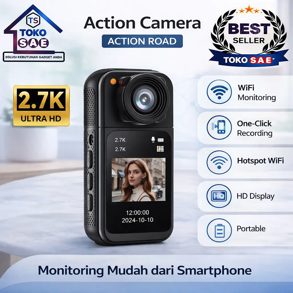 Tokosae Camera Perekam ROADCAM Sepeda Motor Resolusi 2.7K WiFi Kamera Action Road Cam Micro Kalung Magnetik Layar LCD IPS 1,47 inci Kamera Vlog Vloger ACTION-ROAD