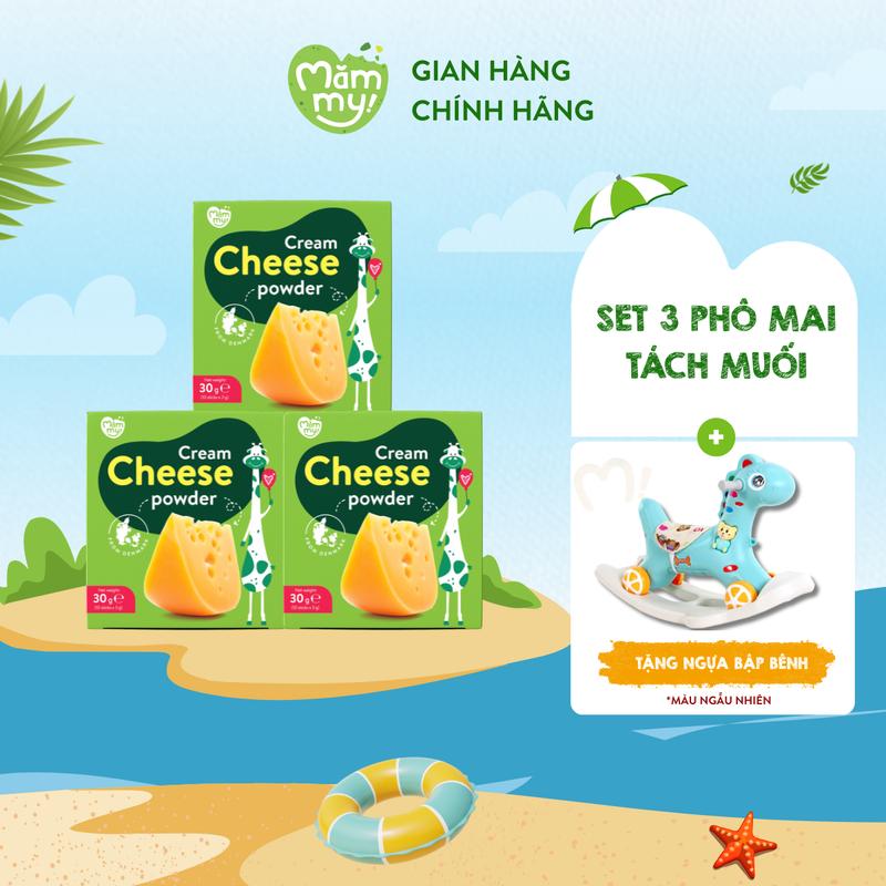 [Tặng NGỰA BẬP BÊNH] Combo 3 hộp phô mai tách muối Mămmy dạng bột rắc cơm, cháo cho bé ăn dặm, hộp 10 gói