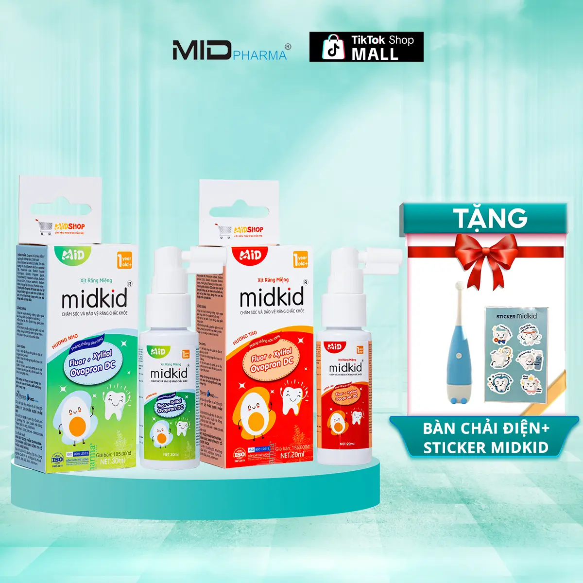 2 Hộp Xịt chống sâu răng Midkid 2 vị NHO và TÁO chính hãng cho bé từ 1 tuổi, vị ngọt thơm, nuốt an toàn - Tặng Bàn chải điện + Sticker