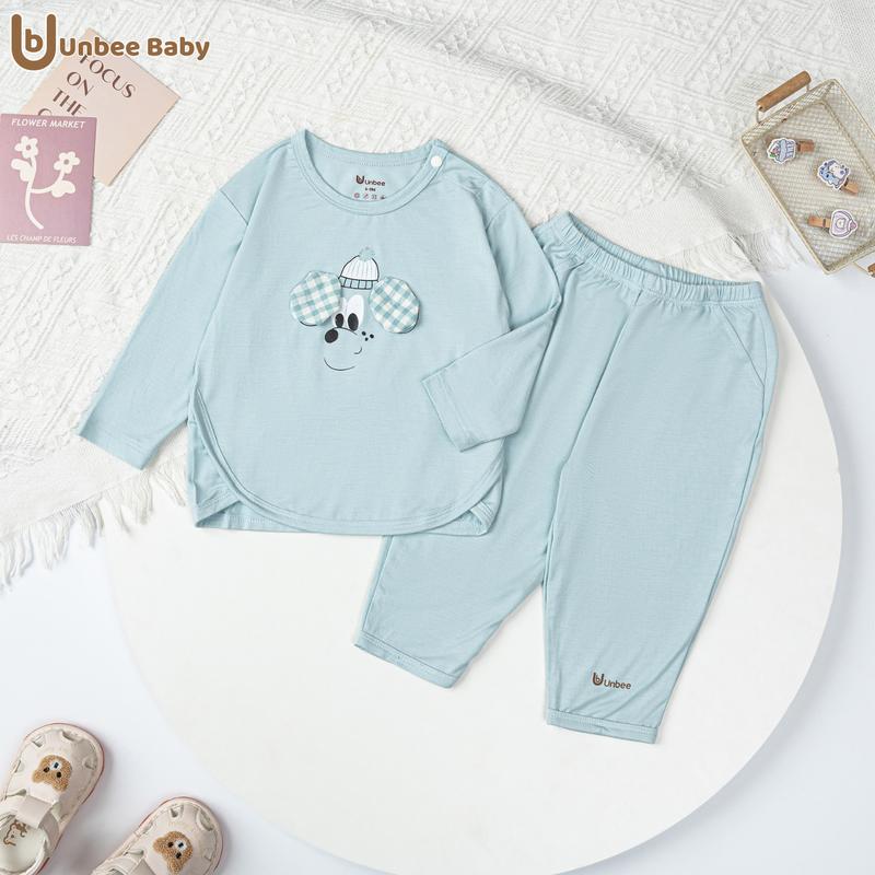 Bộ quần áo dài tay vạt tròn in mặt cún Unbee chất liệu tencel mềm mại đáng yêu cho bé 6 tháng - 3 tuổi