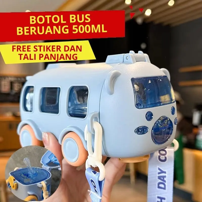 BOTOL MINUM KARAKTER BUS BERUANG / BOTOL MINUM MOBIL 500ML FREE STIKER DAN TALI PANJANG / TUMBLR BOTOL MINUM ANAK / KADO BOTOL HADIAH ANAK