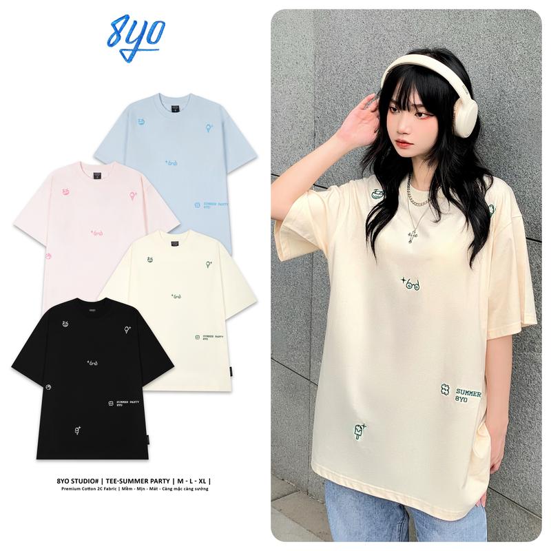 Áo Thun Thêu 8YO SUMMER PARTY Tee Unisex Local Brand Cotton Cổ Tròn Nữ Top Đen