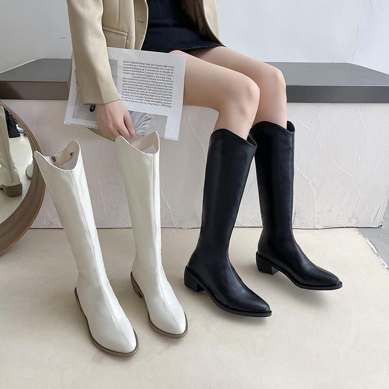 Bốt Da PU JINxCHOY SHOES Thời Trang Mũi Nhọn Dây Kéo Sau Đế Thấp Đế Cao SS24 Nữ Boot