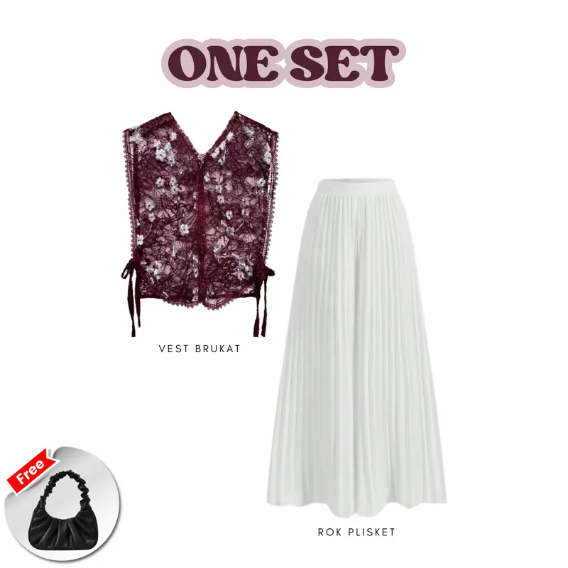 WFD | One Set Wanita (Vest Brukat Burgundy, Kemeja, Rok Plisket) Setelan Kondangan Cantik dan Elegan | GRL 08 2