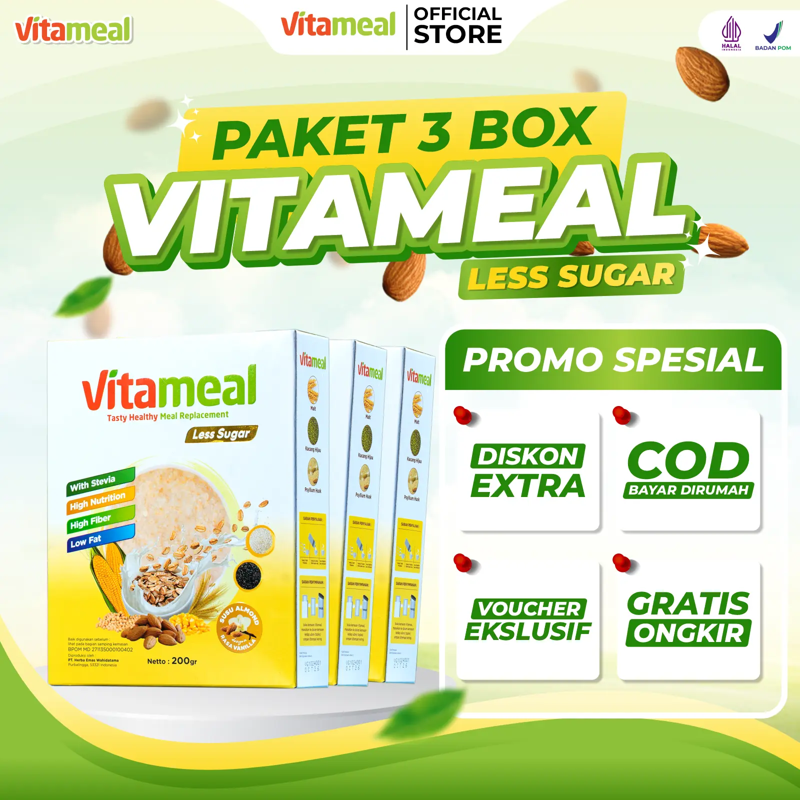 [3 BOX] VITAMEAL LESS SUGAR Original Resmi | Nutrisi Makanan Sehat | Cereal Food Granola Oatmeal | Sereal Susu Dairy Milk Almond