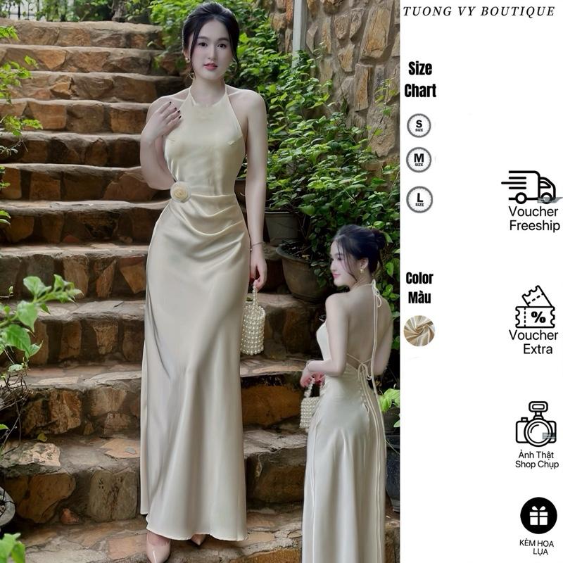 NÚT CÀI SAU + HOA Váy Xinh Cổ Yếm Hở Lưng Dáng Dài KHÔNG MÚT Chất Lụa Mịn Dây Cột Sau Sang Trọng Dành Cho Nữ - SN123