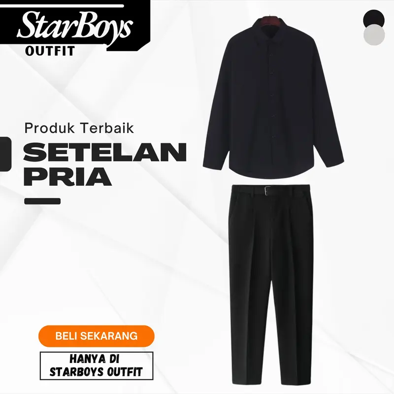 Setelan Pria Kemeja Hitam & Celana Casual Panjang Slimfit dengan Gaya Elegan Keren - Blazer, Formal, Kantor, kampus, Pengantin Cowok Casual Outfit Cowok Korean Style Polos Dewasa 4