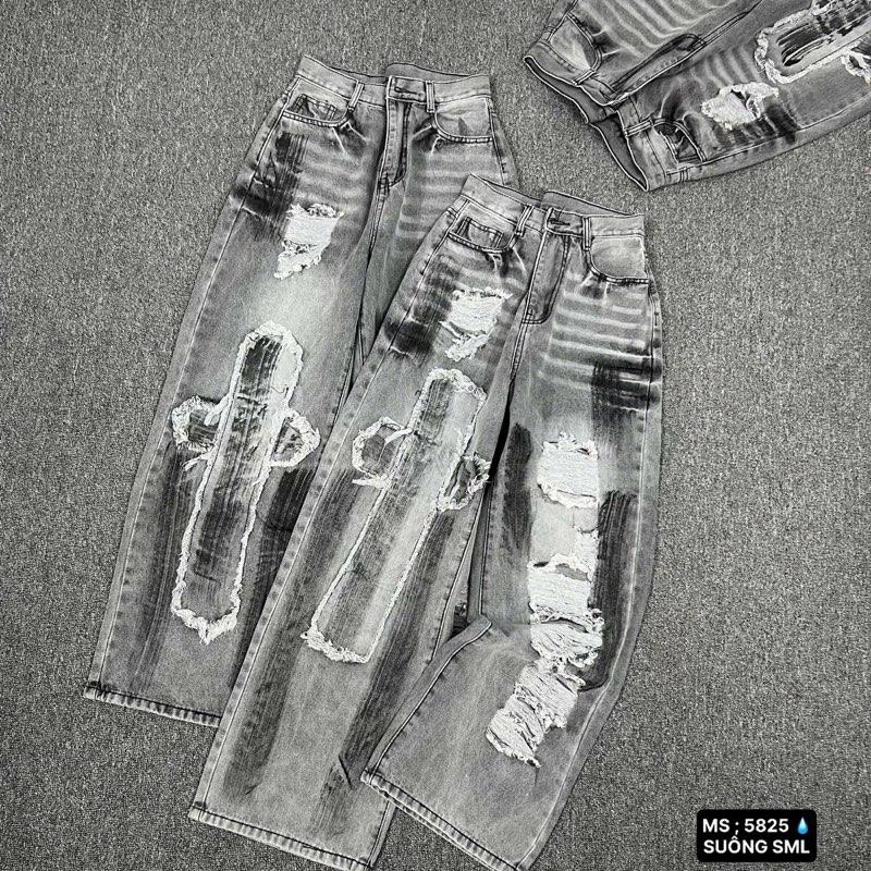 S-2XL Quần Jeans Suông Rách phối sơn màu xám trắng dài 104cm chất jean mềm nhẹ không giản. 5825