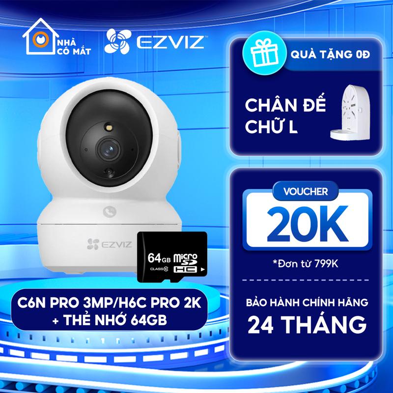 {Combo} Camera Wifi Ezviz trong nhà C6N PRO 2K 3M /  H6C PRO 2K + Thẻ nhớ 64G có màu đêm, xoay 360, nút gọi khẩn cấp