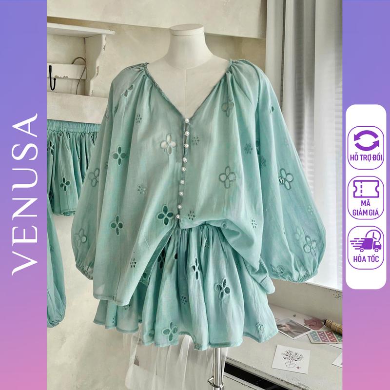 Set bộ nữ BIGSIZE màu xanh ngọc áo kiểu sơ mi cách điệu mix chân váy có lót bảo hộ mặc đi chơi du lịch Venusa Store