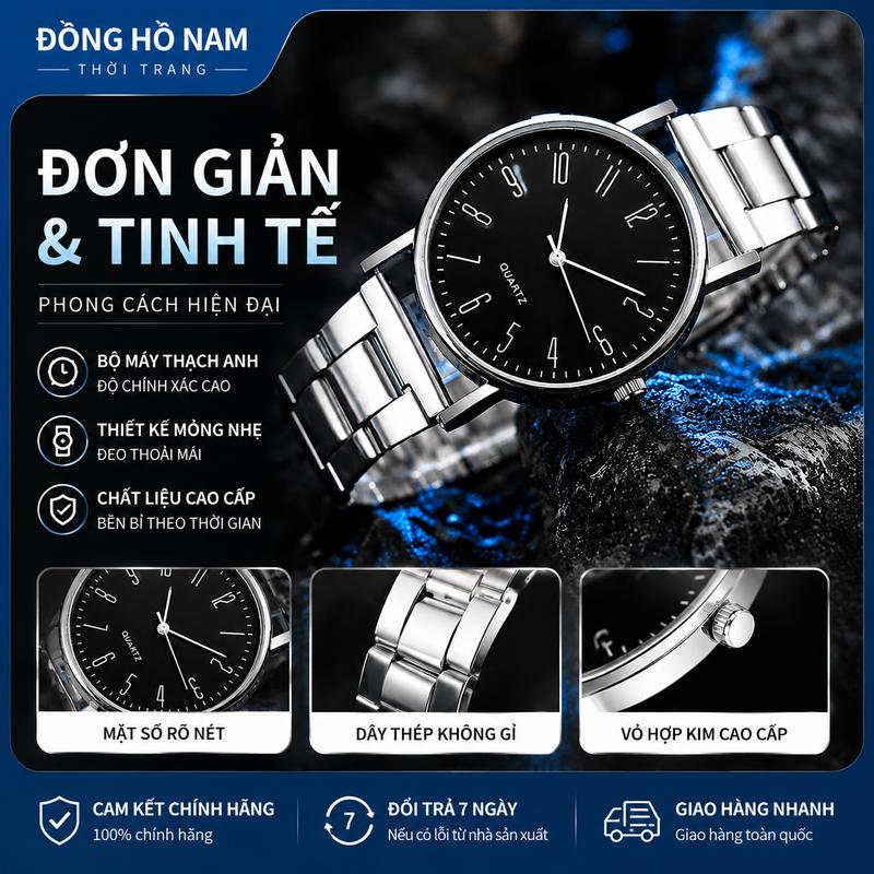 Đồng Hồ Nam Quartz Cao Cấp Mặt Đen Số La Mã Dây Thép Không Gỉ – Thiết Kế Tối Giản Sang Trọng