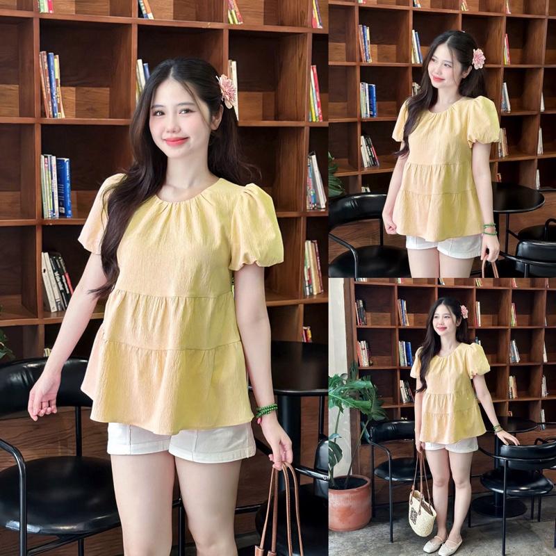 Áo bầu Labe babydoll tay phồng cổ tròn nhún thanh lịch cho mẹ mang cả bầu và sau sinh.