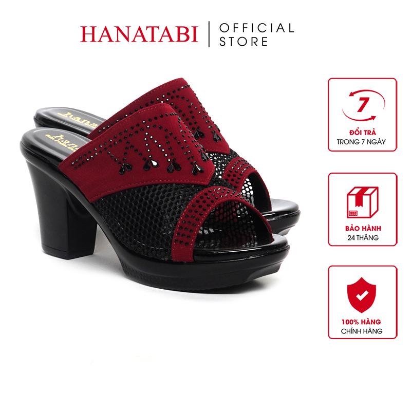 Dép Nữ Đế PU Đen Siêu Nhẹ Cao 7cm Hanatabi Quai Lưới Đính Đá Bigsize 36-41 Mã HNDE7F1170