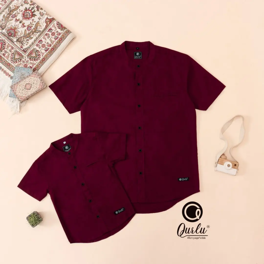 Qurlu - Kemeja Koko Dewasa/Anak warna MAROON (baju couple ayah dan anak laki-laki) Baju Koko Pria