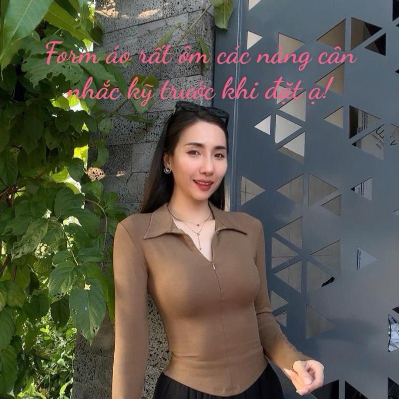 A049- Áo thun nữ cổ bẻ, phối khoá kéo, vạt bầu, thun cotton mềm ôm sát body, tay dài