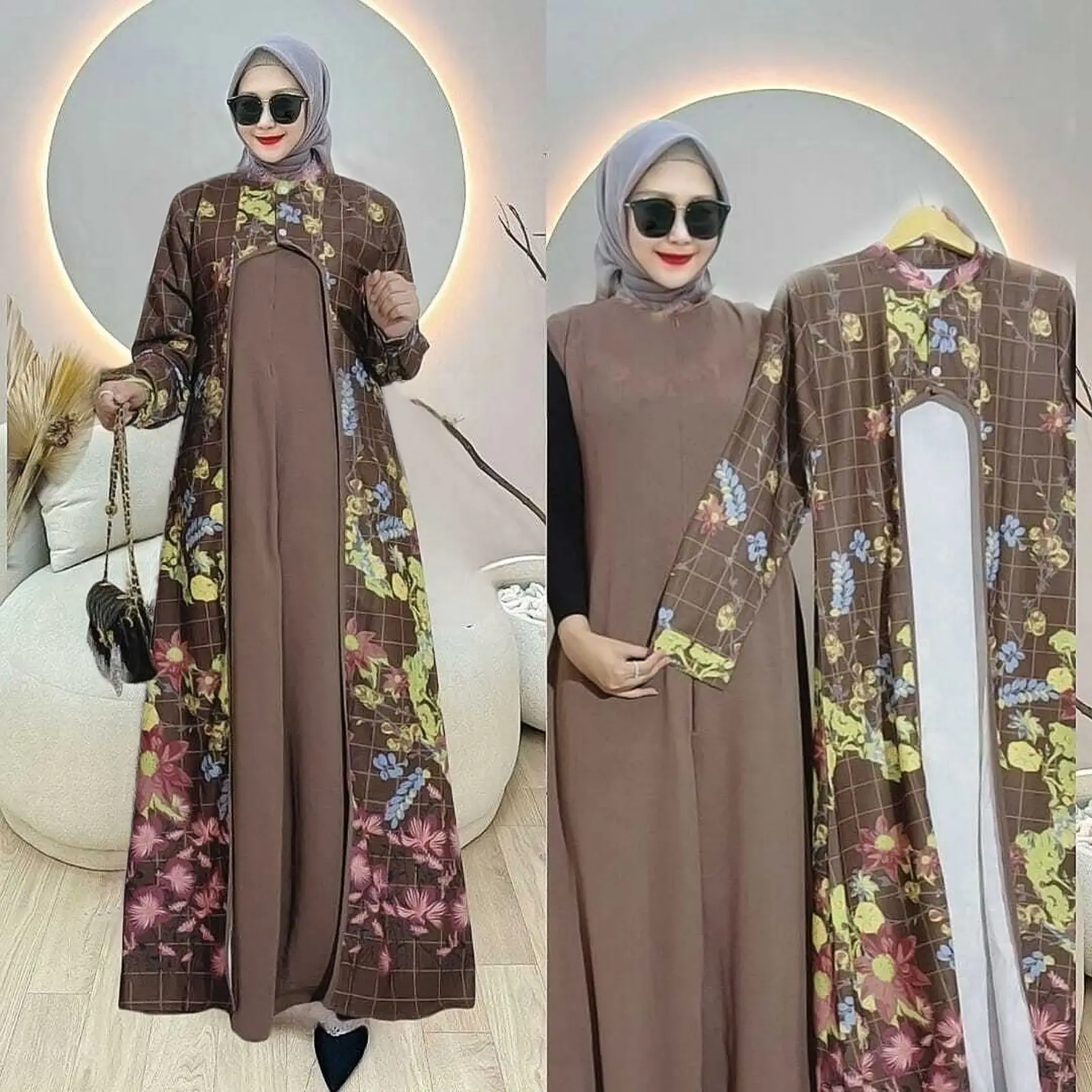 gamis set outer bahan cey print halus ukuran jumbo ld up 140 gamis wanita muslim elegan mewah