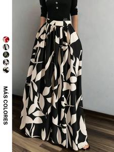 Falda de mujer estilo vintage francés con estampado, cintura alta y corte en línea A; vestido tipo paraguas de ajuste holgado; falda larga casual para todas las estaciones