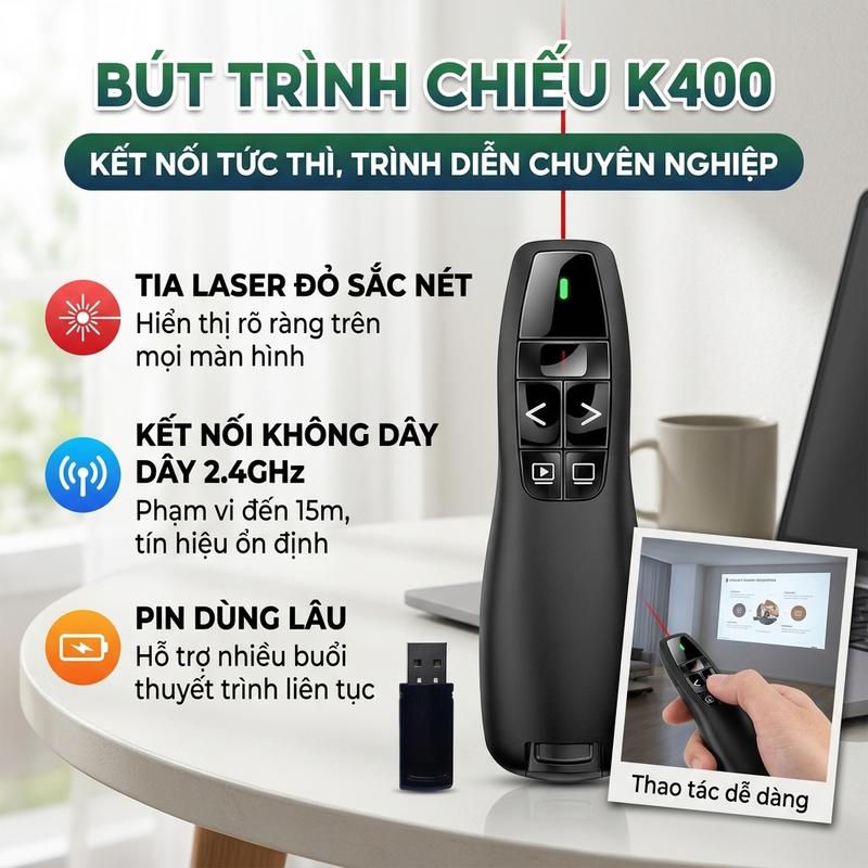 Bút trình chiếu powerpoint K400 laser đỏ kết nối USB không dây lật trang chuyển slide văn phòng giáo viên