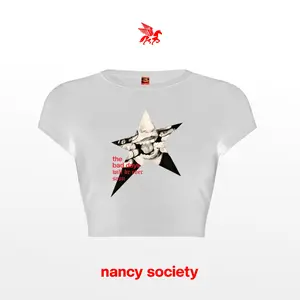 Nancy Society Y2K Crop Top Wanita Baby Tee Smile Star T-Shirt Baby Tee Crop Top Wanita Cotton Combed 24s