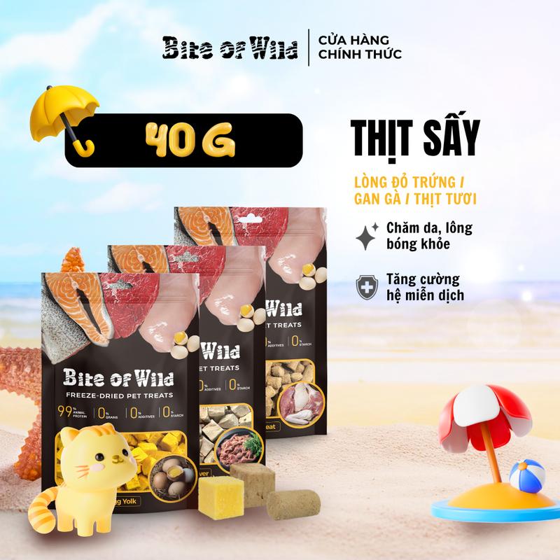 Thịt tươi sấy khô Bite Of Wild Túi 40G vị Gà/Vịt/Cỏ mèo/Cá hồi/Cá trứng