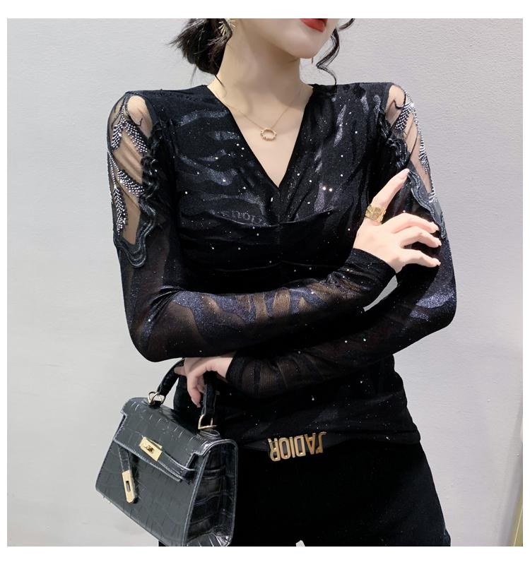 Product Introduction of FCBF-Áo lưới kim cương rỗng thời trang mới gợi cảm cổ chữ V dài tay quần lót thời trang nữ thu đông Top Voi Shirt Kem Women 17