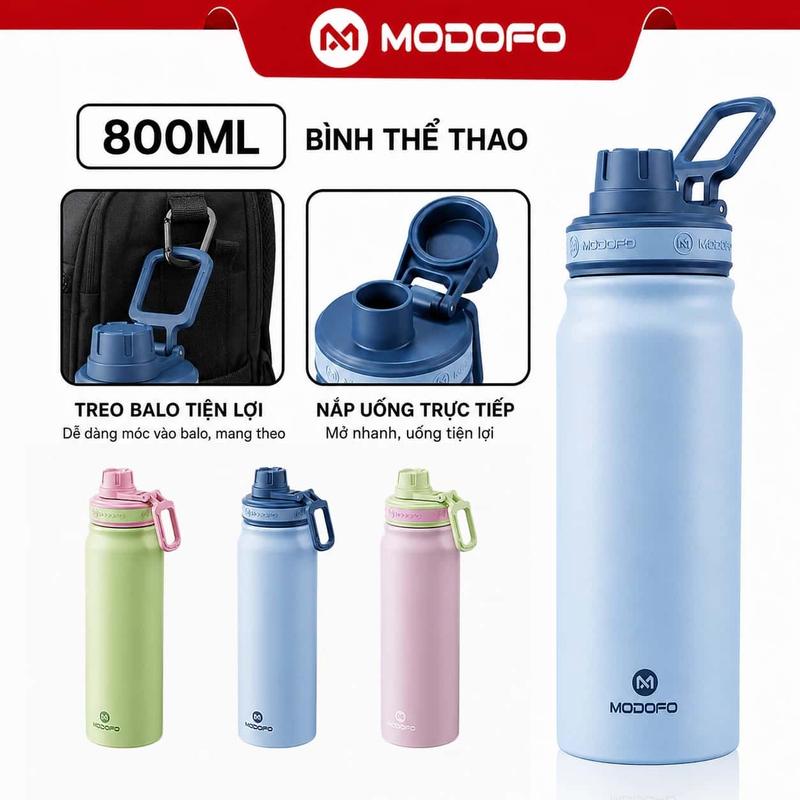 MODOFO Bình Giữ Nhiệt Thể Thao Inox | Bình Nước Có Quai Cầm Chống Rò Rỉ Giữ Lạnh 24H Giữ Nóng 18H