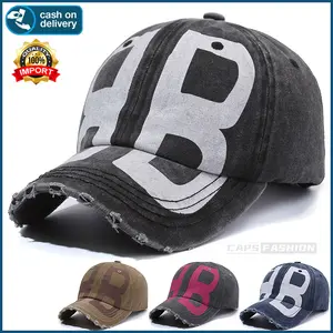 Topi baseball robek gaya vintage Korea pria bahan denim fashion distro caps topi snapback cowok