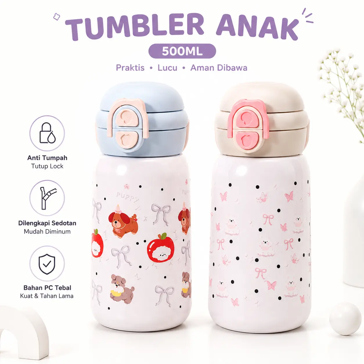 Botol Minum Anak 500ml dengan Sedotan | Tutup Lock Anti Tumpah | Model Kartun Lucu Pegangan Praktis