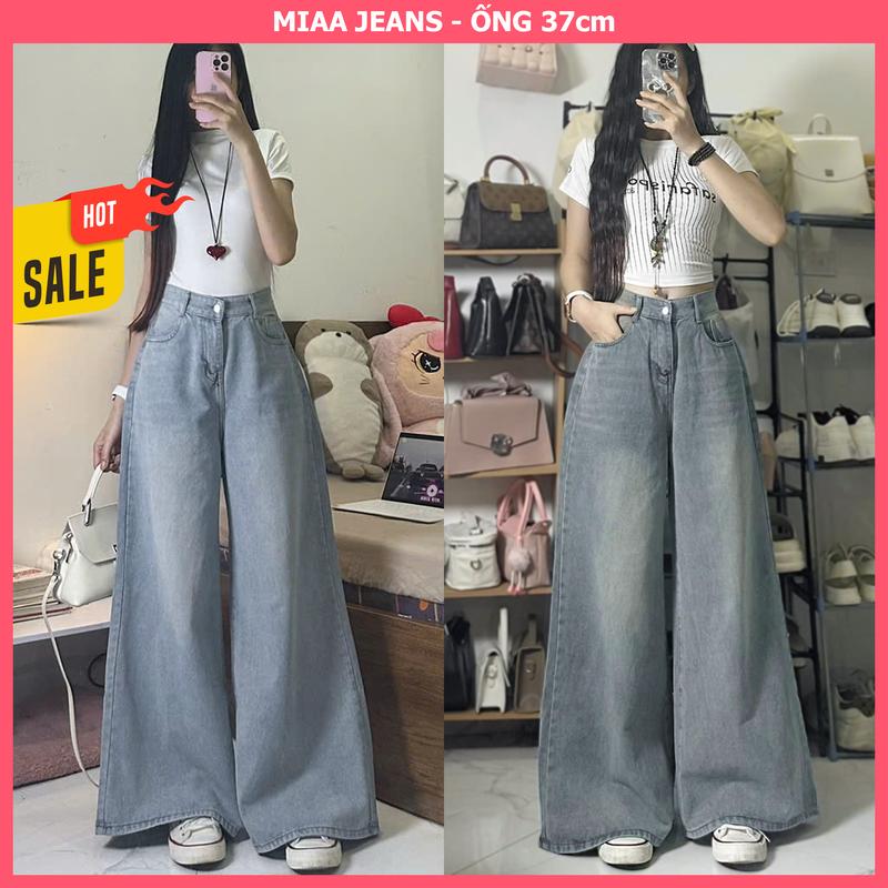 DEAL LIVE Quần Jeans Nữ Ống Rộng Loe 37cm - Màu Retro Xanh Nhạt Xanh Xám - Chất Vải Jeans Mềm - Quần Ống Rộng - Mã ONG37