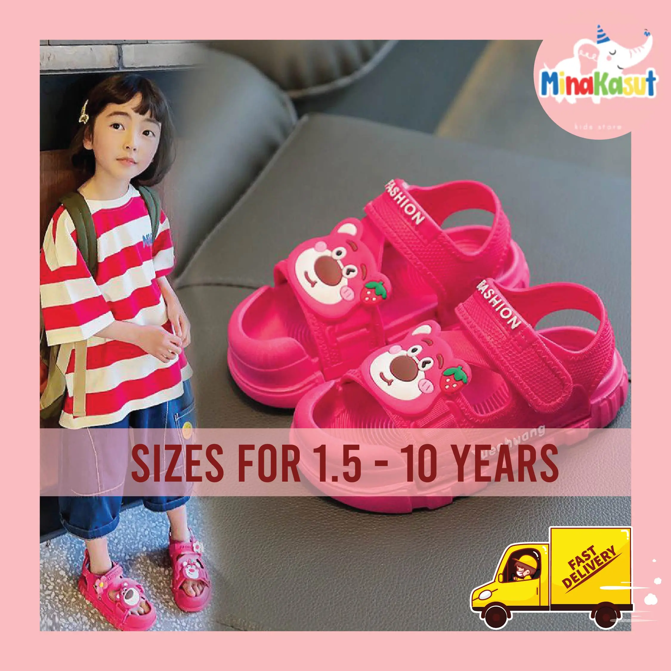 C09 21-36 Kid's Strawberry Bear Sandals | Girls Boys Shoes Kids Twins Toe Protection | Selipar Kasut Budak Murah