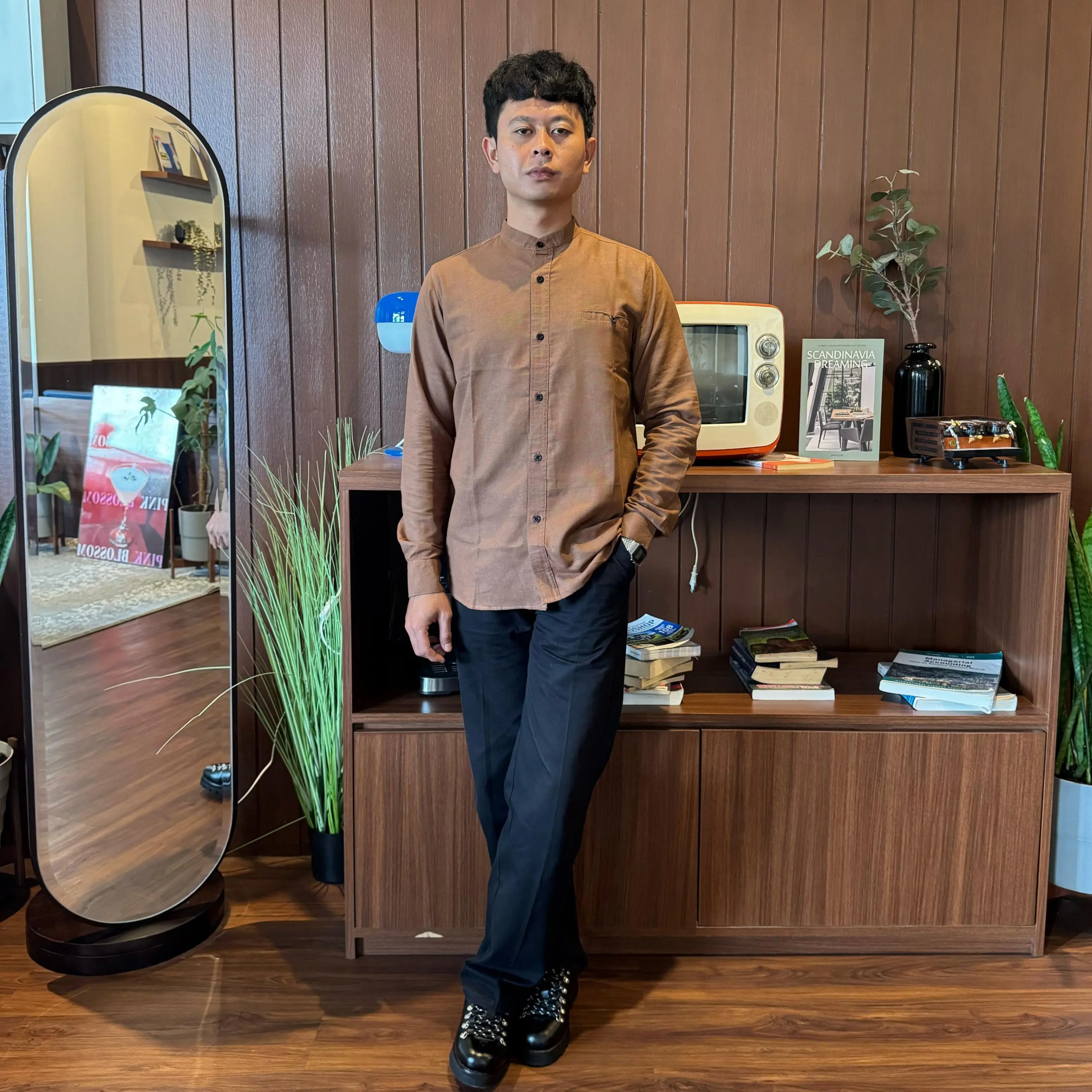 Ourluck - Kemeja Pria Lengan Panjang Kerah Sanghai Polos Full Kancing